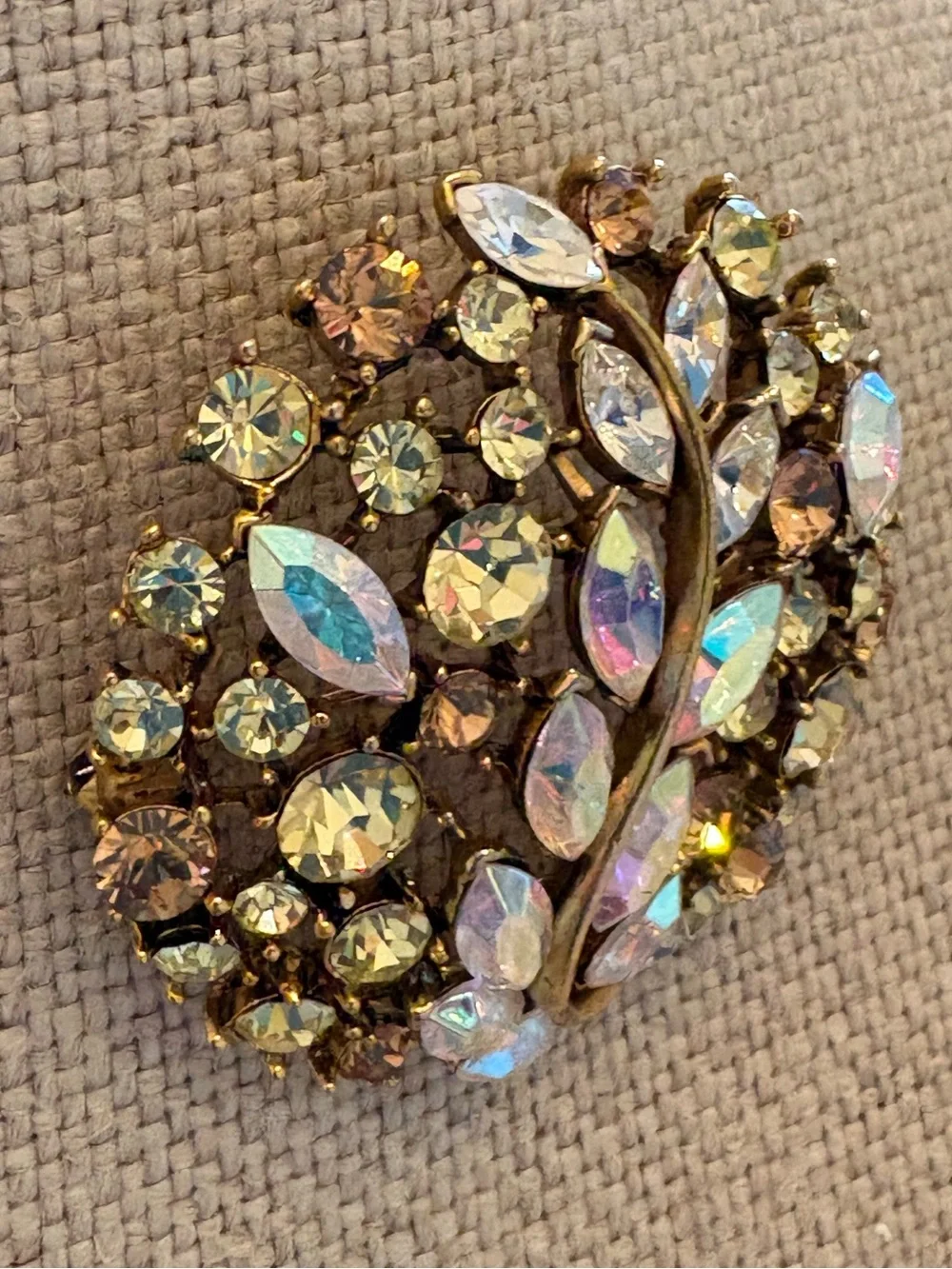 Retro Aurora Borealis Crystal Tree Brooch Gold Tone